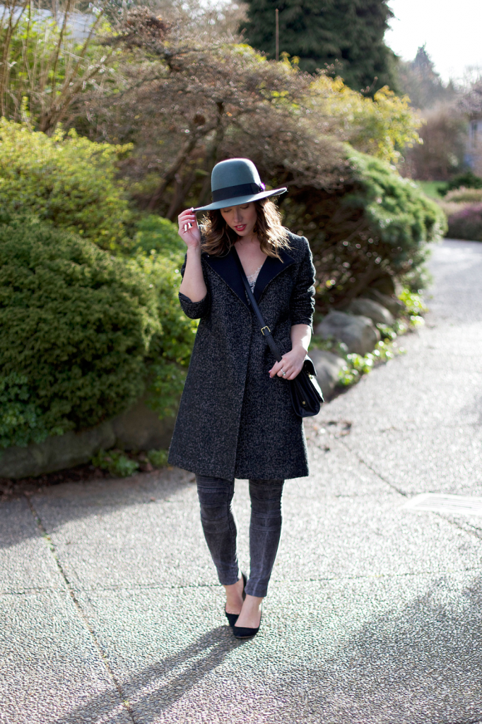 To Vogue or Bust in Brixton fedora hat, James Jeans moto skinny jeans, Club Monaco lace silk camisole, H&M coat, 3.1 Phillip  Lim for Target bag, J.Crew Everly heels, vancouver style blog, vancouver fashion blog, vancouver fashion, vancouver style, canadian fashion blog, alexandra grant, long bob curled, ombre bob