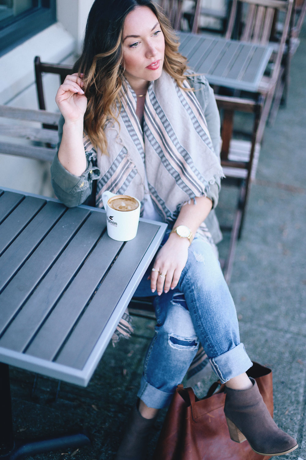 How to style a canvas jacket in Sanctuary canvas coat, Aritzia blanket scarf, Madewell tote, Silver jeans boyfriend jeans styled by To Vogue or Bust