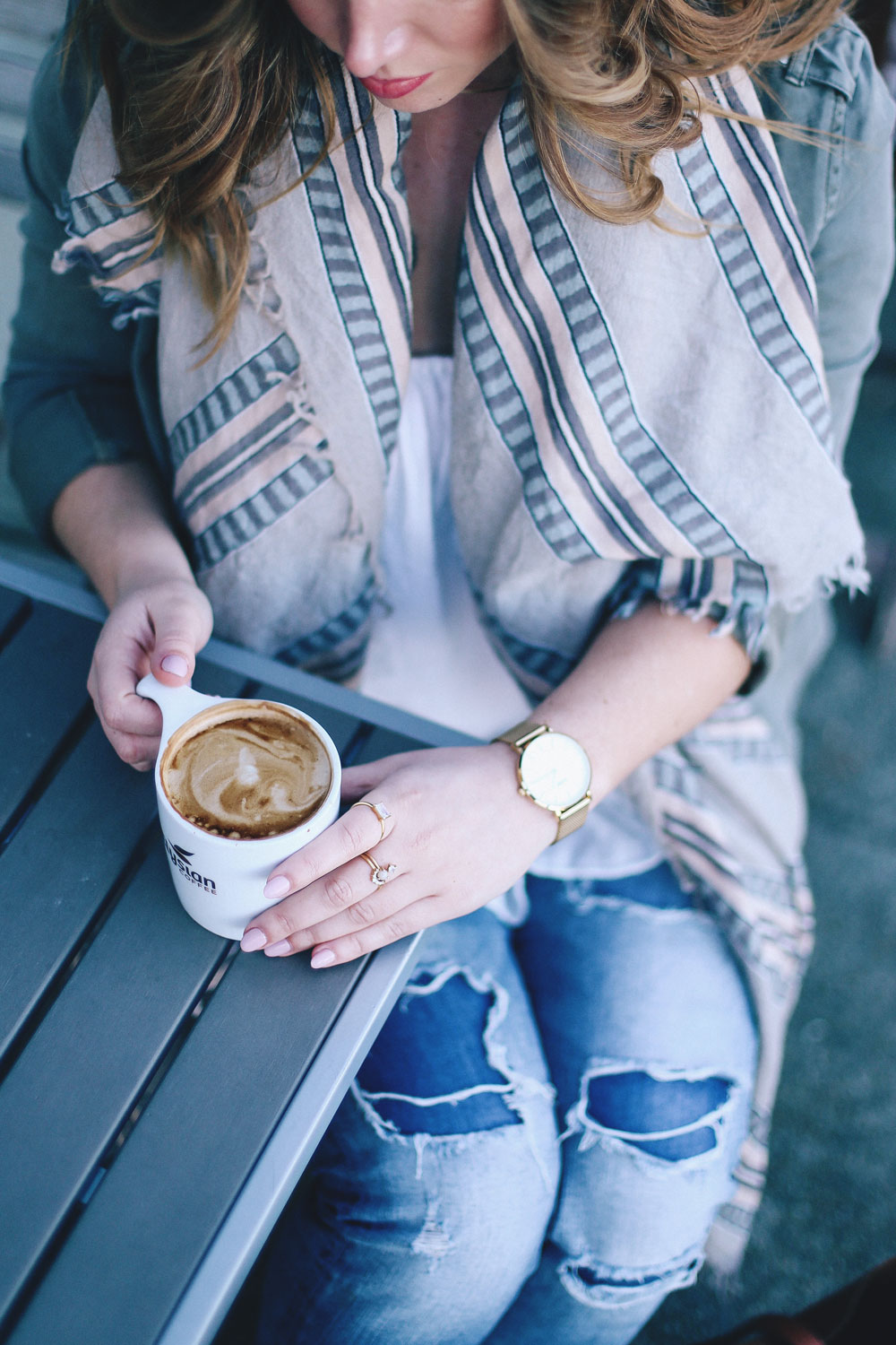 How to style a canvas jacket in Sanctuary canvas coat, Aritzia blanket scarf, Madewell tote, Silver jeans boyfriend jeans styled by To Vogue or Bust