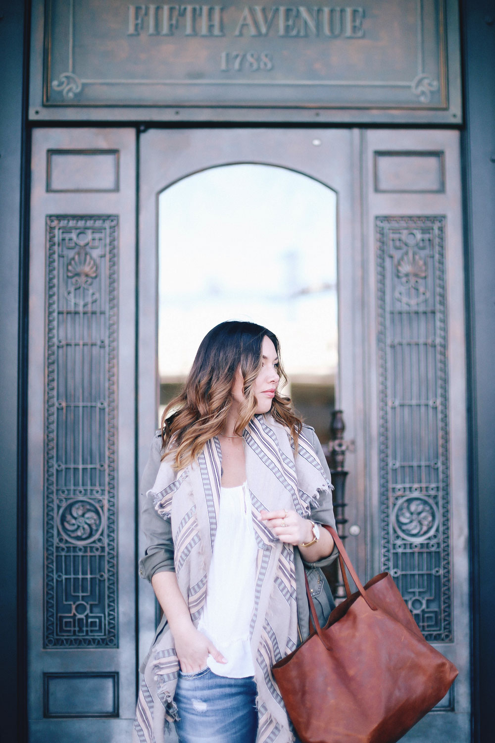 How to style a canvas jacket in Sanctuary canvas coat, Aritzia blanket scarf, Madewell tote, Silver jeans boyfriend jeans styled by To Vogue or Bust