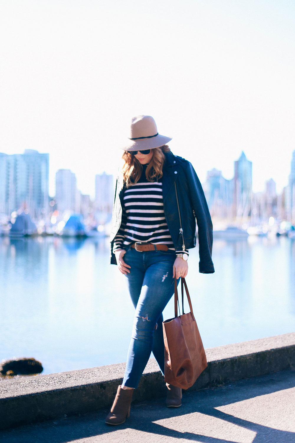 Spring 2017 style trends, how to wear stripes, how to wear ankle boots, in Mavi skinny jeans, Express fedora hat, White Warren cashmere sweater, Mackage leather jacket styled by To Vogue or Bust