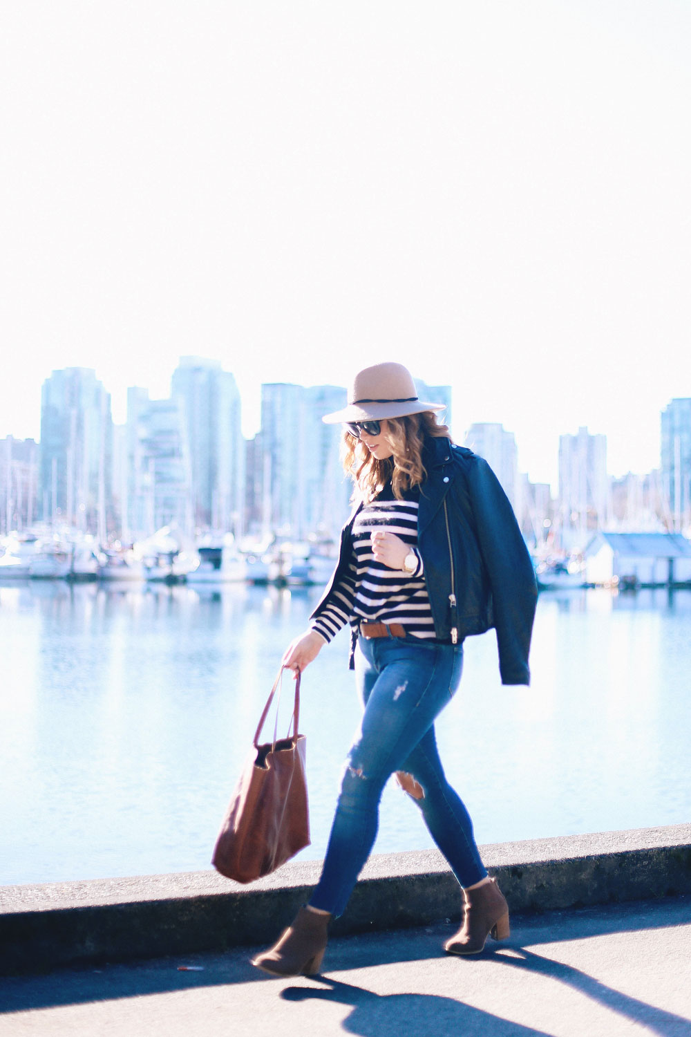 Spring 2017 style trends, how to wear stripes, how to wear ankle boots, in Mavi skinny jeans, Express fedora hat, White Warren cashmere sweater, Mackage leather jacket styled by To Vogue or Bust