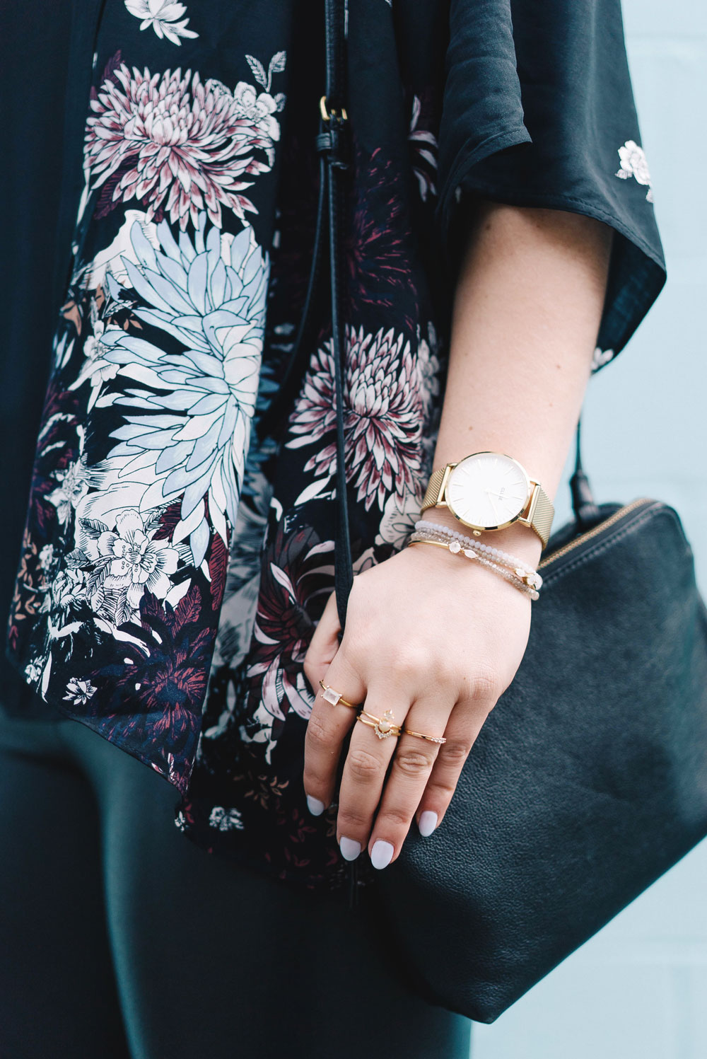 Spring floral trend styling tips in Aritzia Kimono, Celine Sunglasses, Aritzia Leather Leggings, how to wear spring florals, Aritzia spring tops, how to wear a kimono, Leah Alexandra jewelry by To Vogue or Bust 