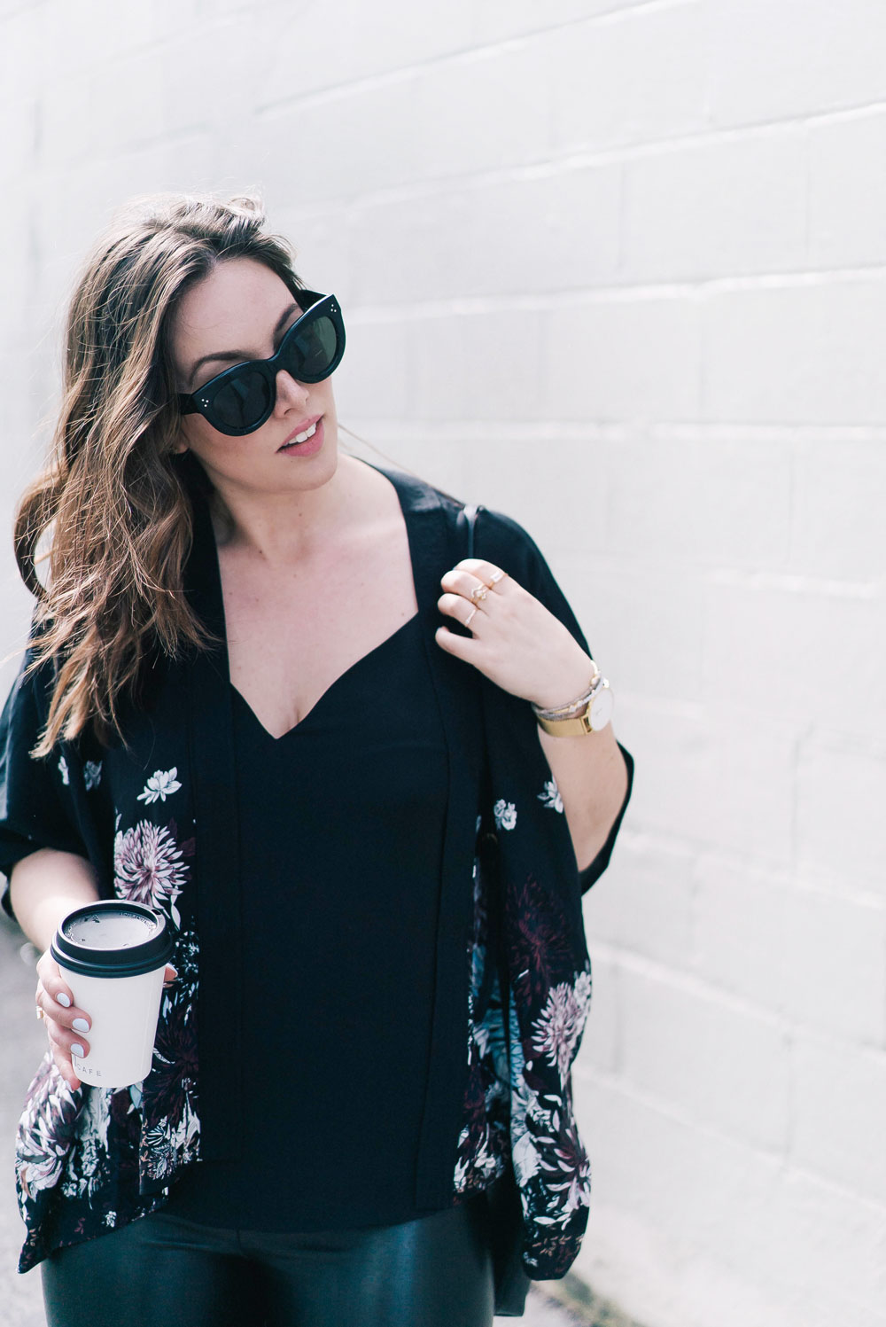 Spring floral trend styling tips in Aritzia Kimono, Celine Sunglasses, Aritzia Leather Leggings, how to wear spring florals, Aritzia spring tops, how to wear a kimono, Leah Alexandra jewelry by To Vogue or Bust 