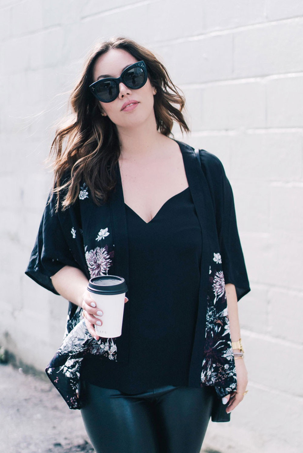 Spring floral trend styling tips in Aritzia Kimono, Celine Sunglasses, Aritzia Leather Leggings, how to wear spring florals, Aritzia spring tops, how to wear a kimono, Leah Alexandra jewelry by To Vogue or Bust 