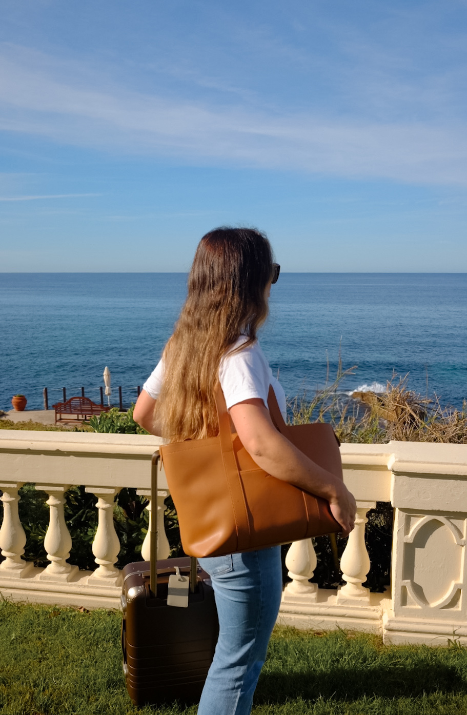 Alexandra Grant holding the Monos carry-on suitcase, standing against a scenic backdrop